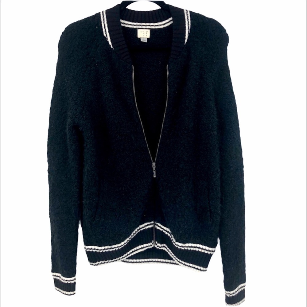 A new day Women’s black zip sweater cardigan w/white‎ trim S